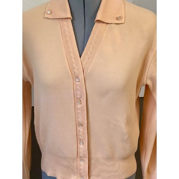 Retro Polyester Cardigan Size M Orange Sweater Collared V-neck Ponte Fabric? - Picture 3 of 6
